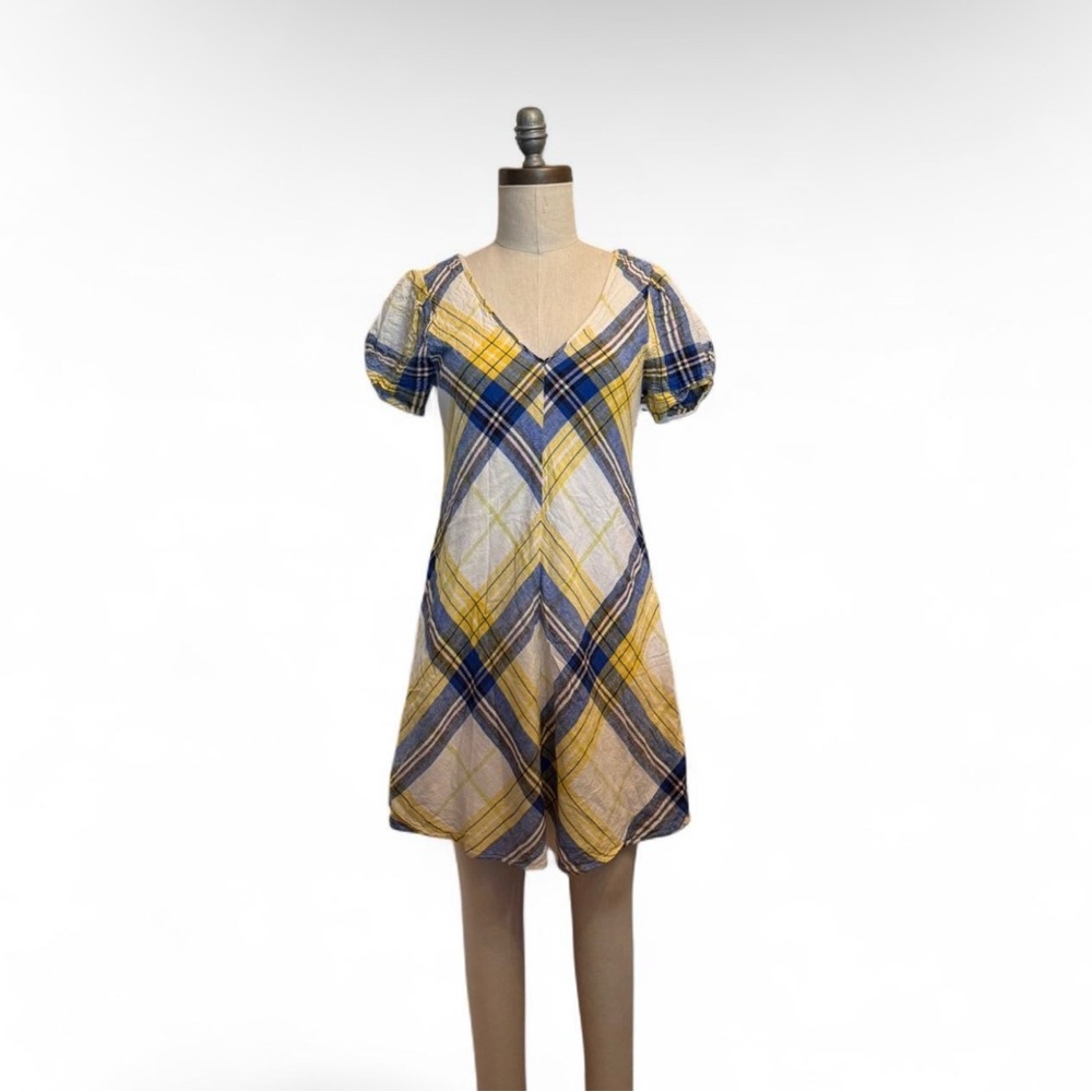 Linen blend Urban Outfitters short sleeve dress V neck blue and yellow